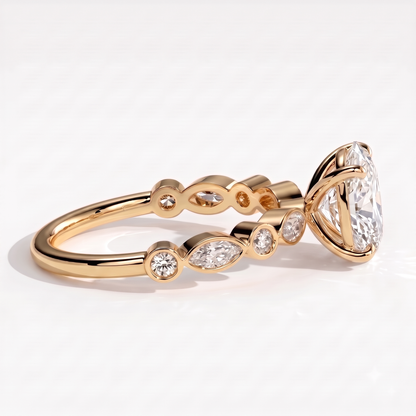 Oval lab-grown diamond bezel-set halo engagement ring in 14K (585) yellow gold, on white background 