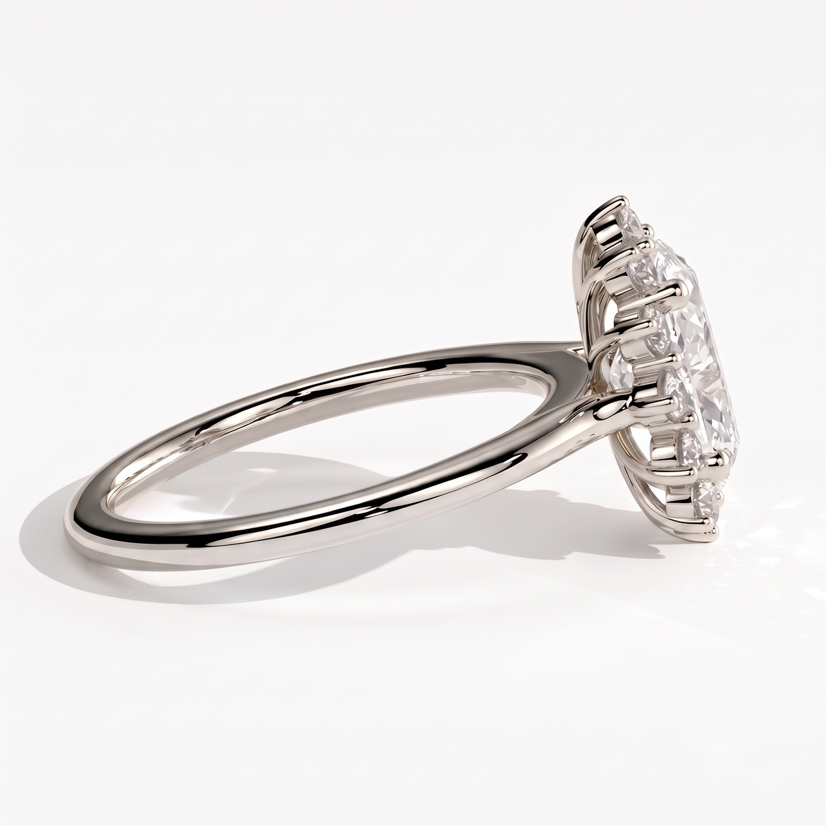 Oval lab-grown diamond halo engagement ring in 14K (585) white gold, detail view 