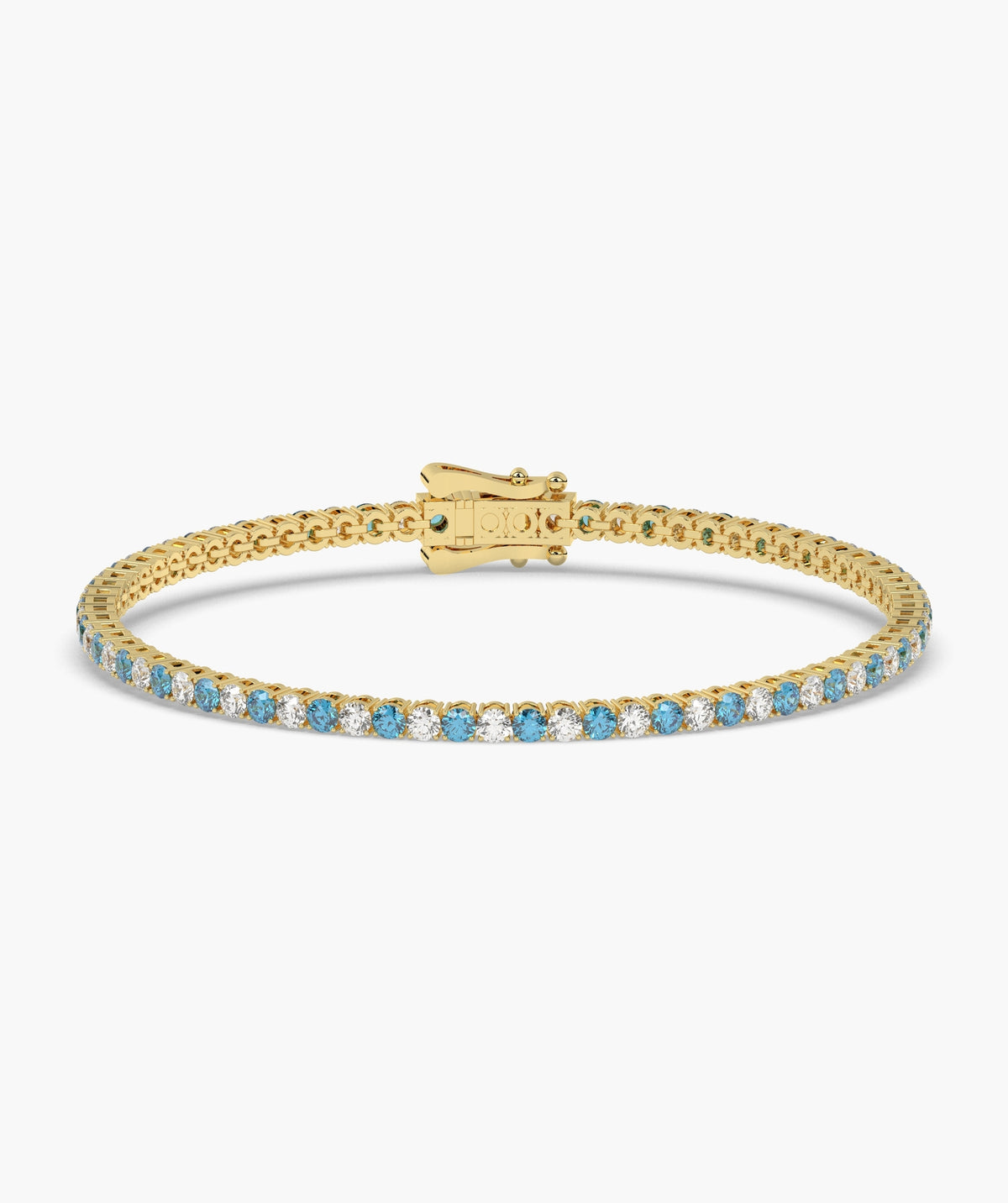 Isola Tennisarmband mit blauen und weißen runden Labordiamanten aus 585 Gelbgold, Vorderansicht 