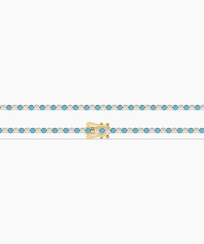 Isola Tennisarmband mit blauen und weißen runden Labordiamanten aus 585 Gelbgold, flach liegend, ganze Länge 
