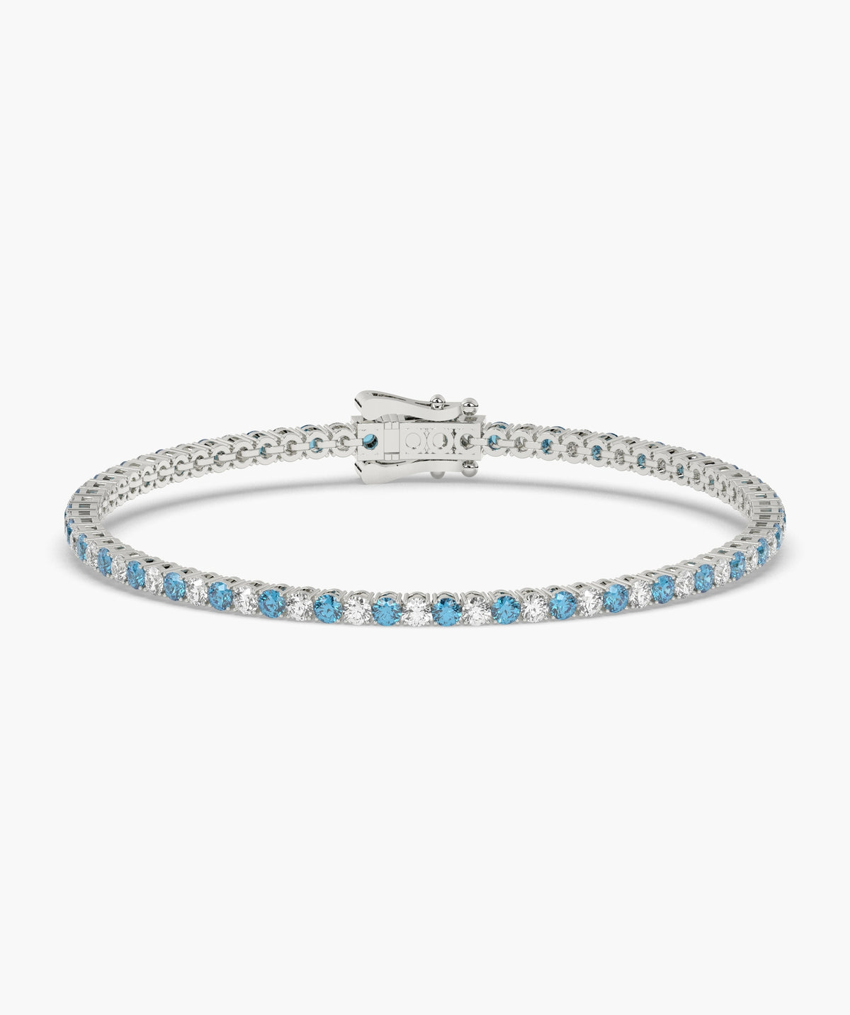 Isola Tennisarmband mit blauen und weißen runden Labordiamanten aus 585 Weißgold, Vorderansicht 