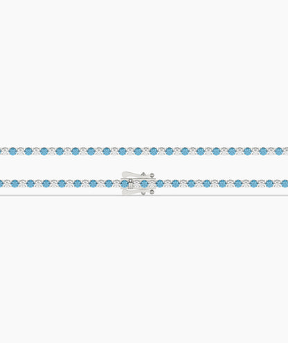 Isola Tennisarmband mit blauen und weißen runden Labordiamanten aus 585 Weißgold, flach liegend, ganze Länge 