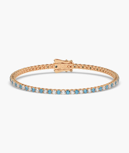 Isola Tennisarmband mit blauen und weißen runden Labordiamanten aus 585 Roségold, Vorderansicht 