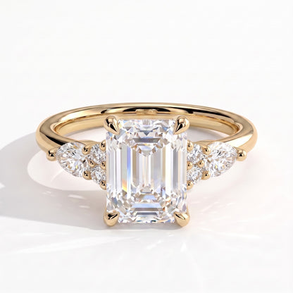 Emerald lab-grown diamond halo engagement ring in 18K (750) yellow gold, front view 