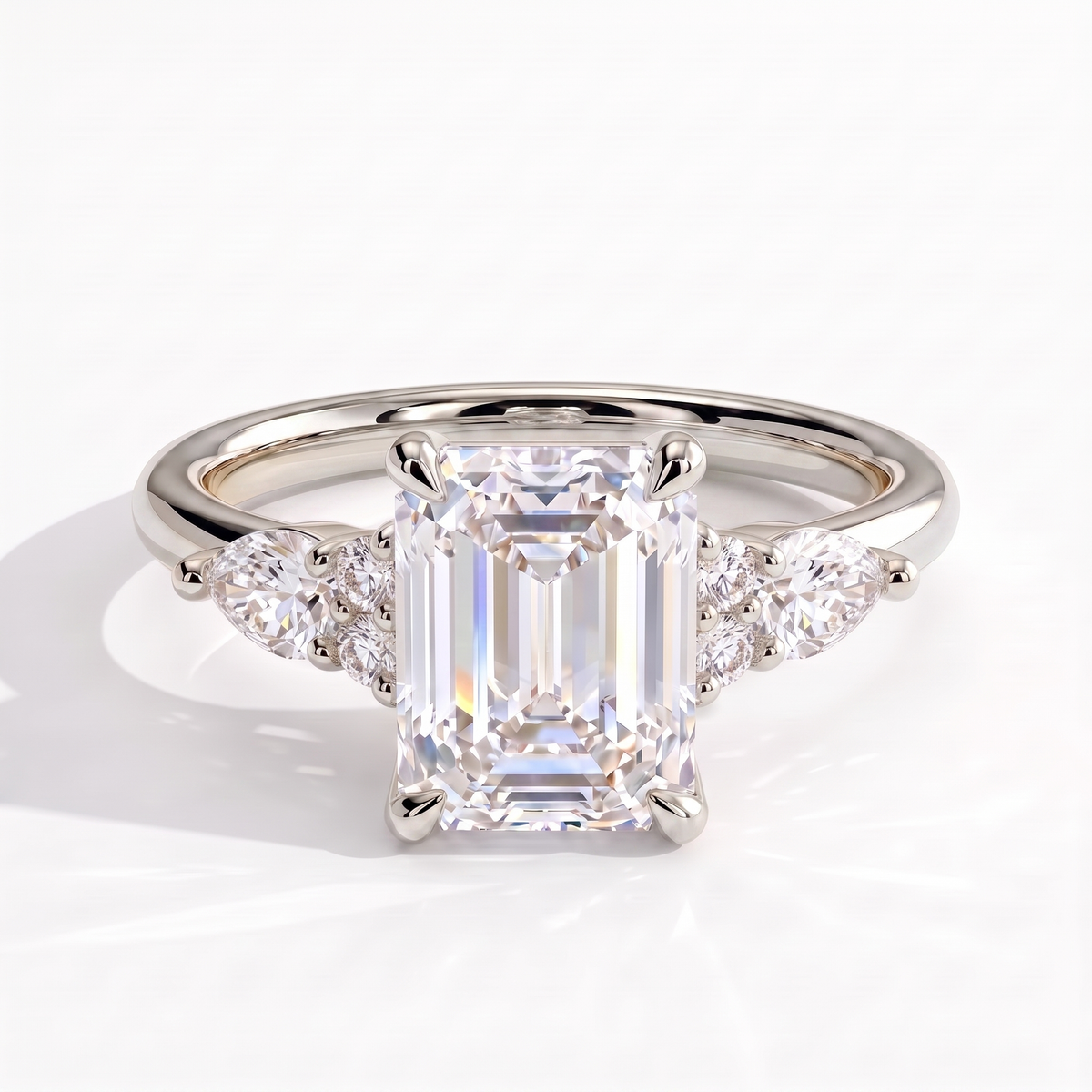 Emerald lab-grown diamond halo engagement ring in 18K (750) white gold, front view 