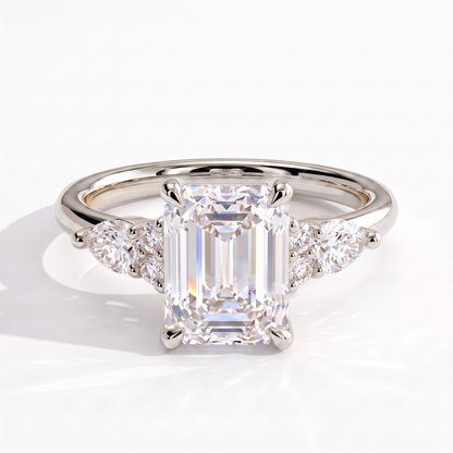 Emerald lab-grown diamond halo engagement ring in 18K (750) white gold, front view 