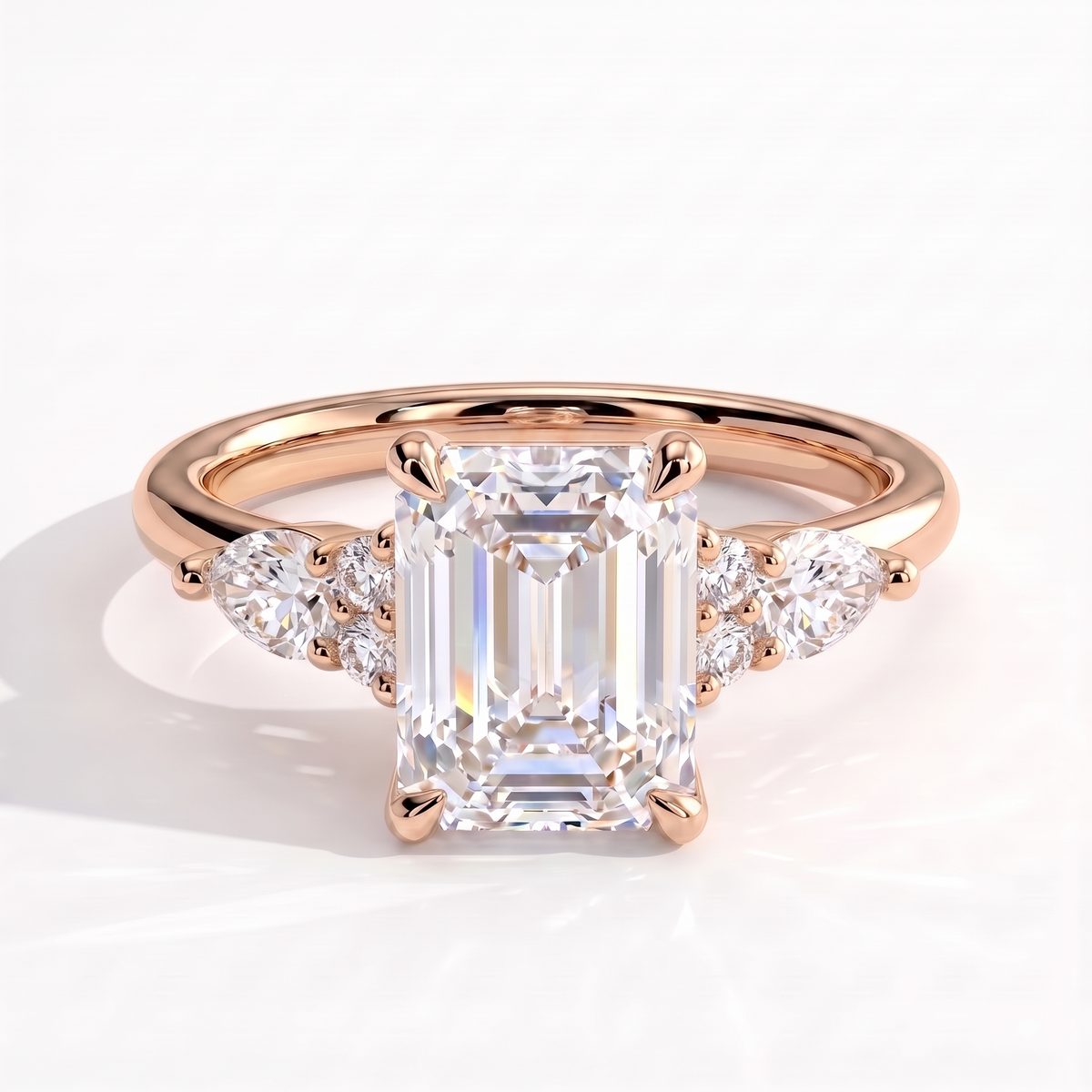 Emerald lab-grown diamond halo engagement ring in 18K (750) rose gold, front view 