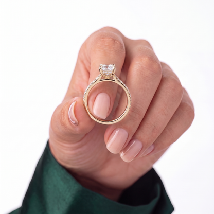 Emerald lab-grown diamond halo engagement ring in 950 platinum, studio view 