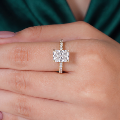 Radiant lab-grown diamond halo engagement ring in 14K (585) white gold, three-quarter view 