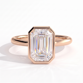 Emerald lab-grown diamond bezel-set solitaire engagement ring in 18K (750) rose gold, front view 