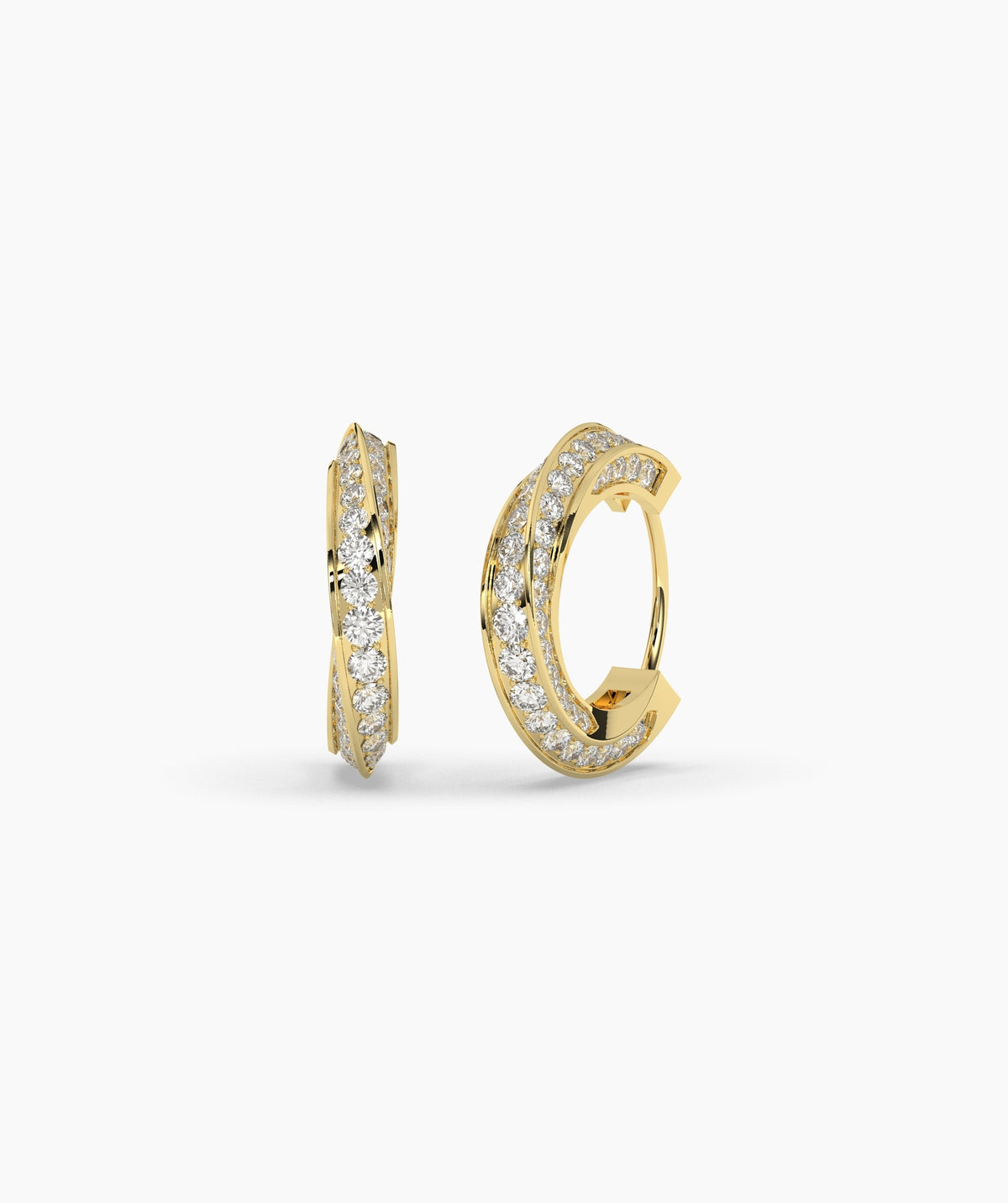 Gold hoop earrings with diamond accents on a white background. 