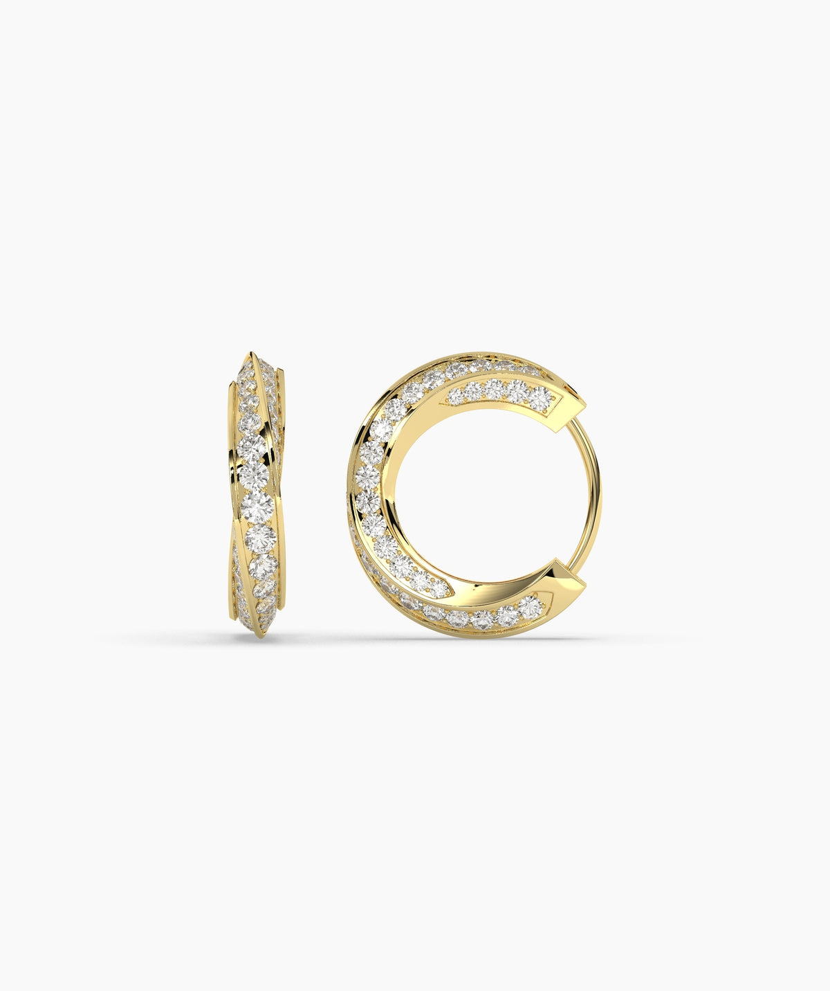 Gold hoop earrings with embedded diamonds on a white background. 