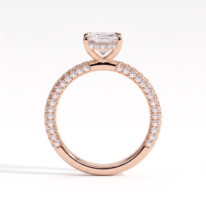 Radiant lab-grown diamond halo engagement ring in 18K (750) rose gold, side profile 