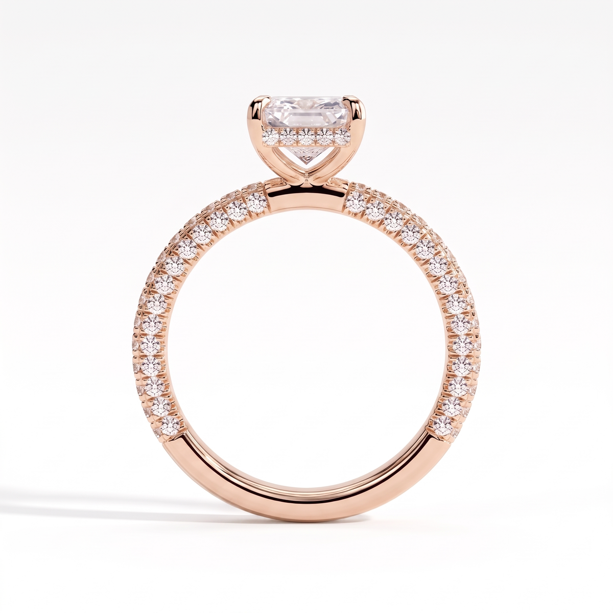Radiant lab-grown diamond halo engagement ring in 14K (585) rose gold, side profile 