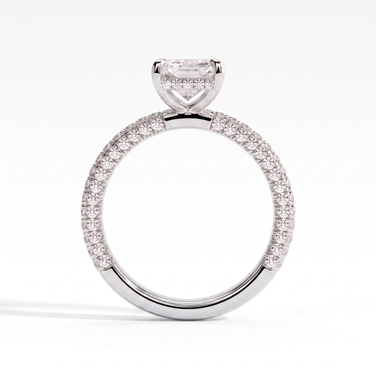 Radiant lab-grown diamond halo engagement ring in 14K (585) white gold, side profile 