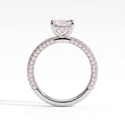 Radiant lab-grown diamond halo engagement ring in 14K (585) white gold, side profile 