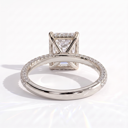 Radiant lab-grown diamond halo engagement ring in 18K (750) white gold, on white background 