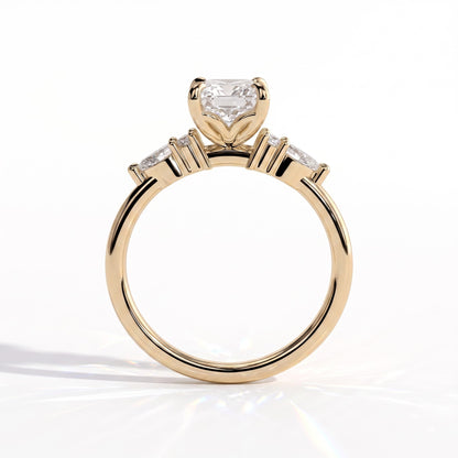 Radiant lab-grown diamond halo engagement ring in 14K (585) yellow gold, side profile 
