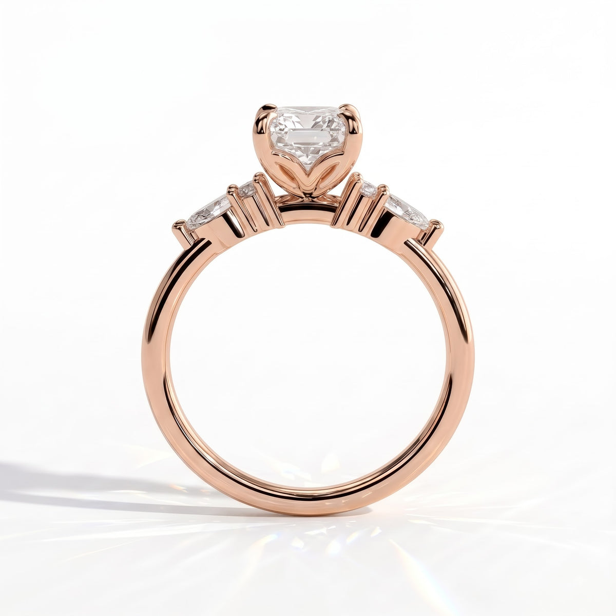 Radiant lab-grown diamond halo engagement ring in 14K (585) rose gold, side profile 
