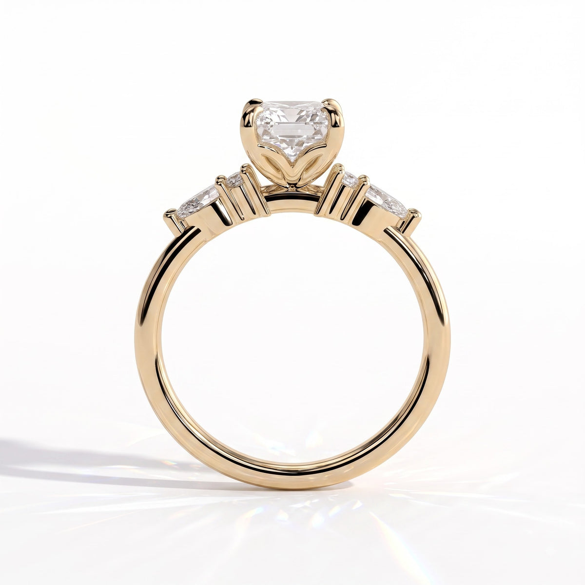 Radiant lab-grown diamond halo engagement ring in 18K (750) yellow gold, side profile 
