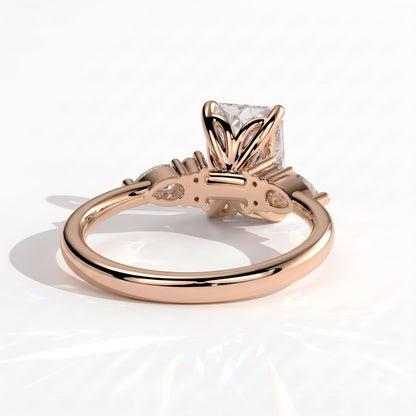 Radiant lab-grown diamond halo engagement ring in 18K (750) rose gold, on white background 