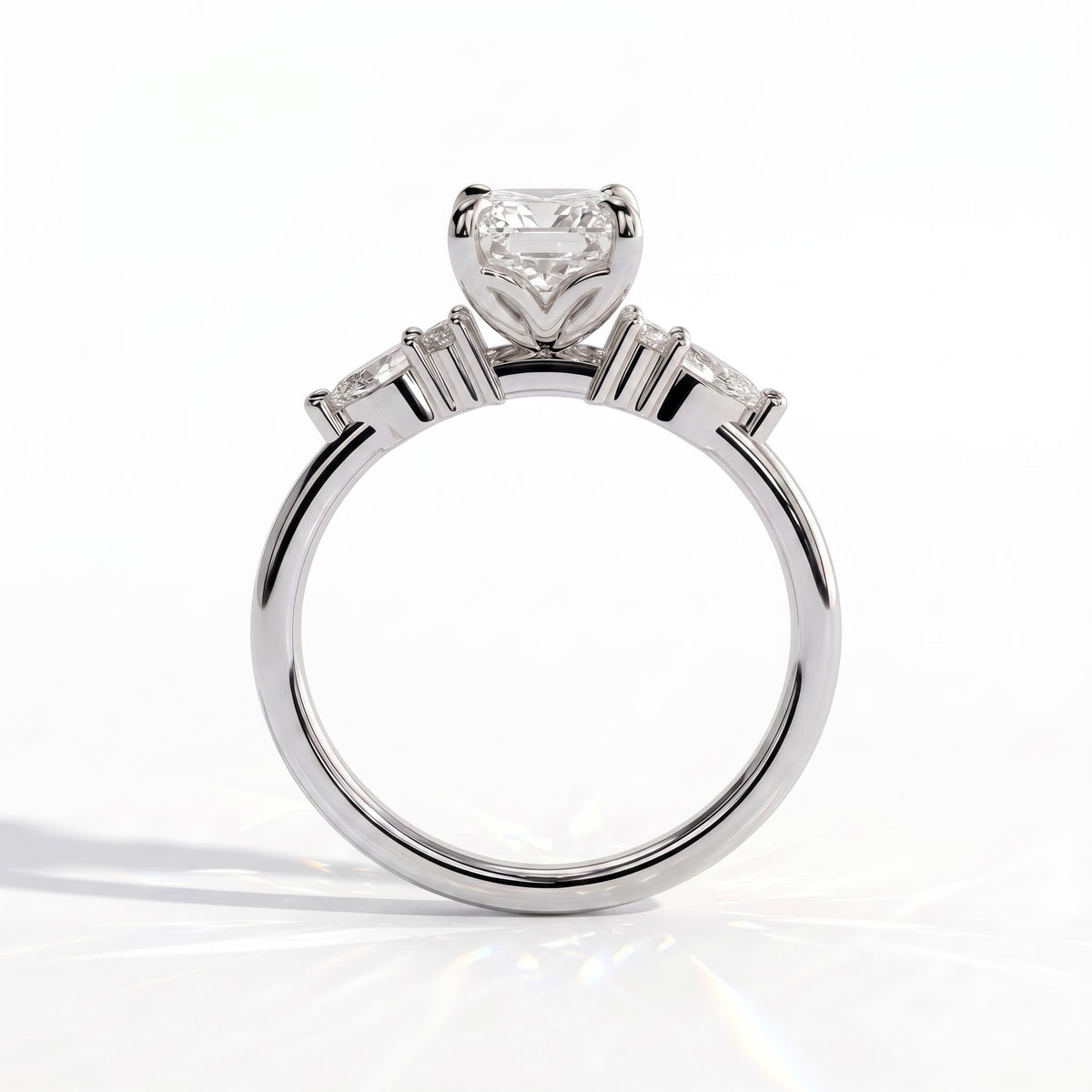 Radiant lab-grown diamond halo engagement ring in 950 platinum, side profile 