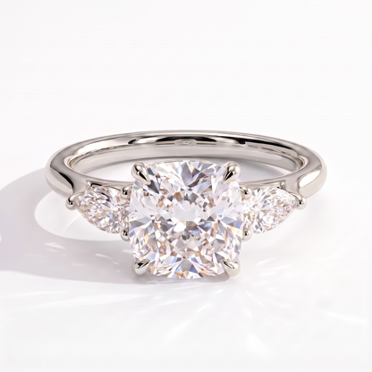 Cushion lab-grown diamond three-stone engagement ring in 950 platinum, front view 
