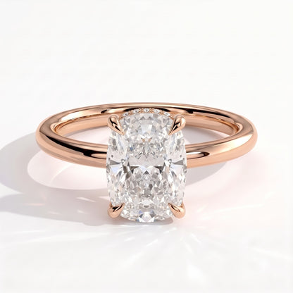 Elongated Cushion lab-grown diamond solitaire engagement ring in 18K (750) rose gold, front view 