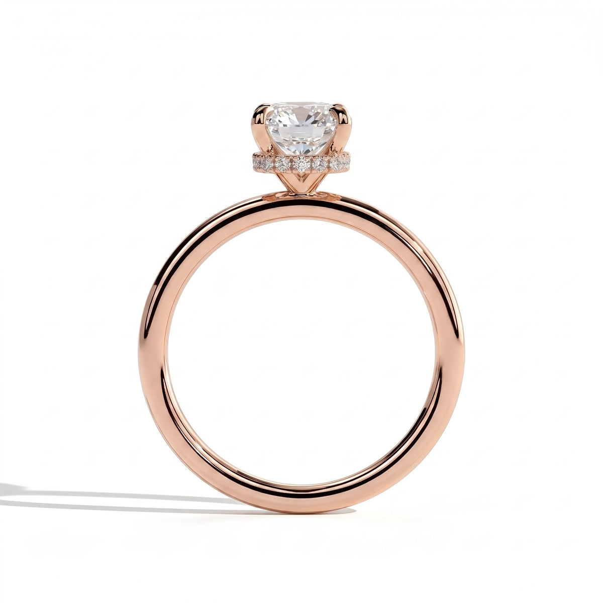 Elongated Cushion lab-grown diamond solitaire engagement ring in 18K (750) rose gold, side profile 
