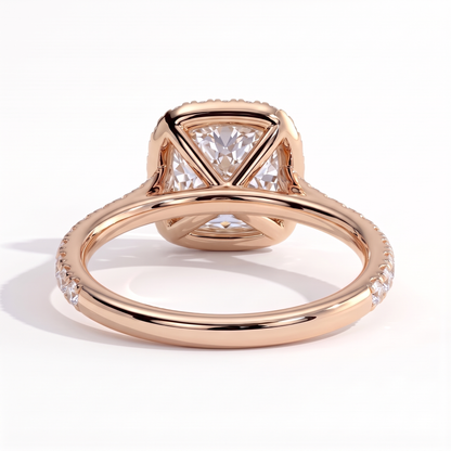 Cushion lab-grown diamond halo engagement ring in 14K (585) rose gold, on white background 