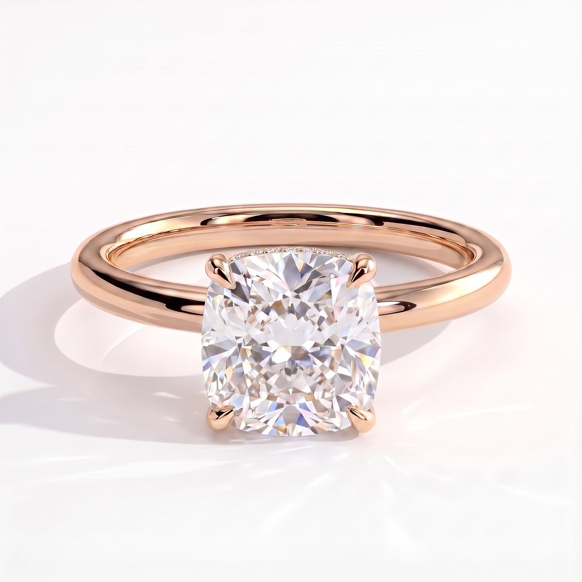 Cushion lab-grown diamond solitaire engagement ring in 18K (750) rose gold, front view 