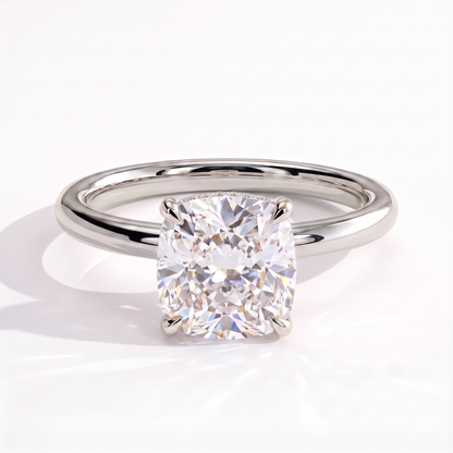 Cushion lab-grown diamond solitaire engagement ring in 14K (585) white gold, front view 
