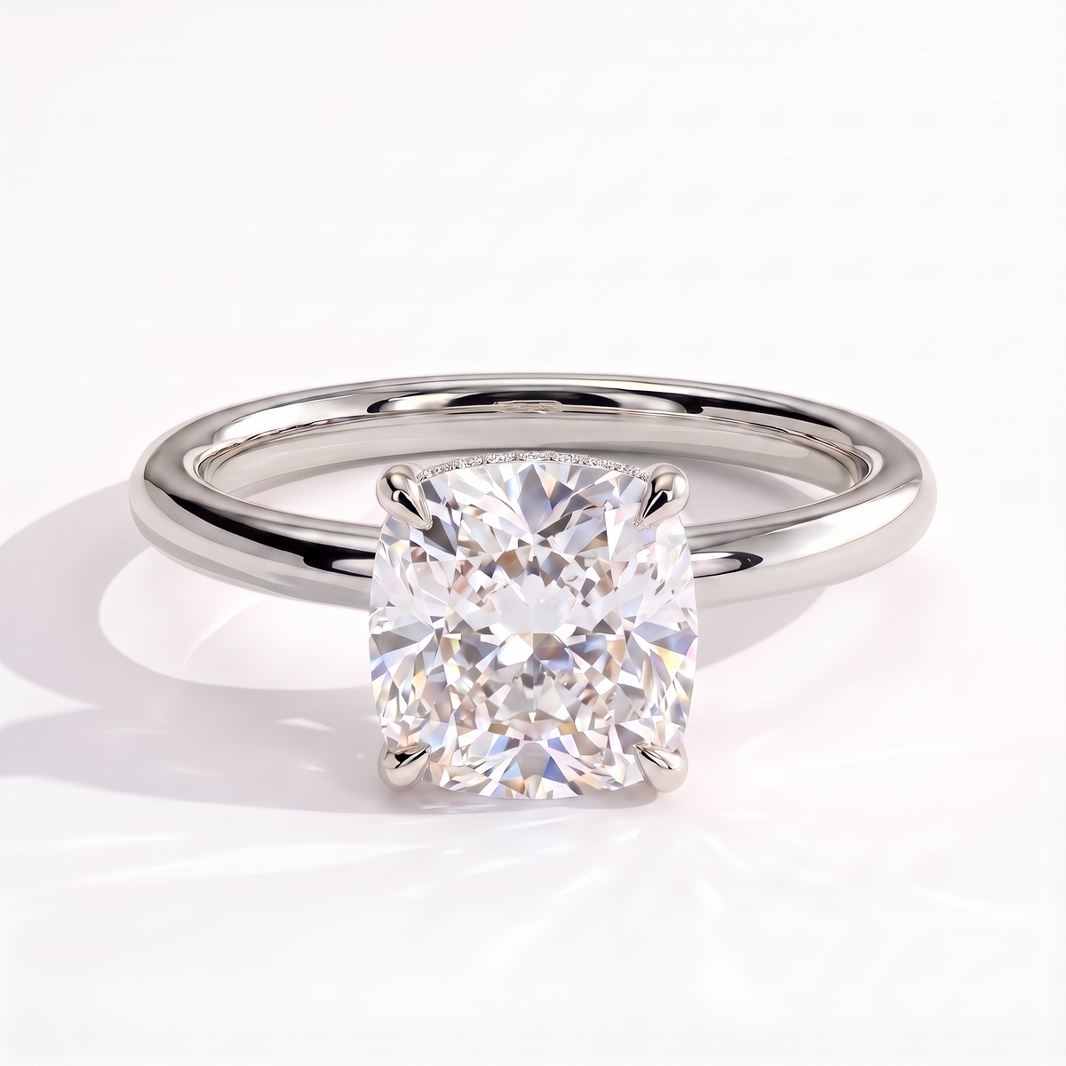 Cushion lab-grown diamond solitaire engagement ring in 950 platinum, front view 