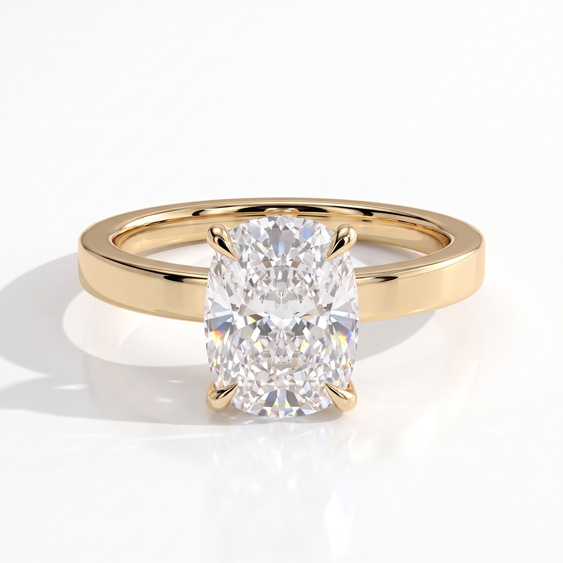 Elongated Cushion lab-grown diamond solitaire engagement ring in 14K (585) yellow gold, front view 