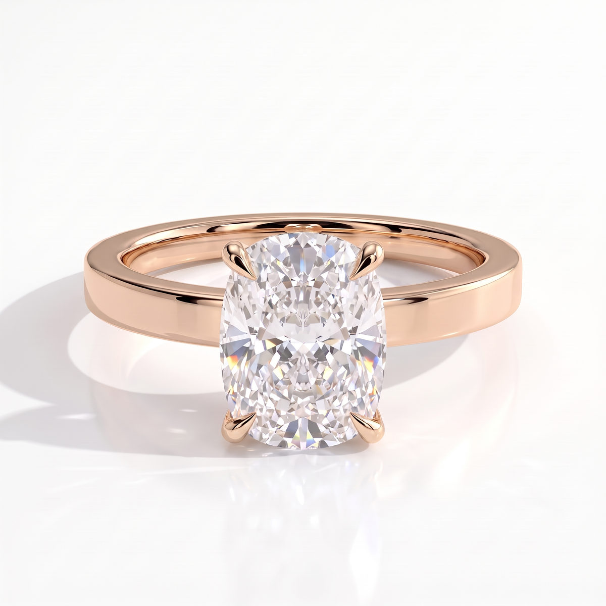 Elongated Cushion lab-grown diamond solitaire engagement ring in 18K (750) rose gold, front view 
