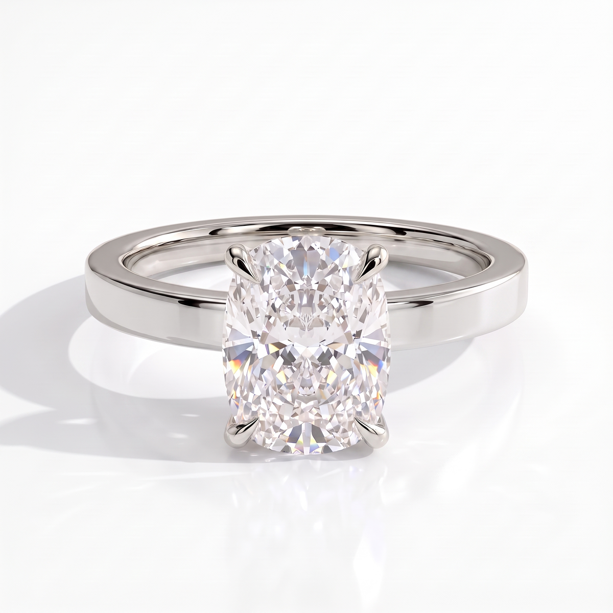 Elongated Cushion lab-grown diamond solitaire engagement ring in 14K (585) white gold, front view 