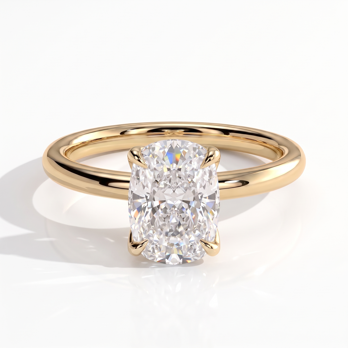 Elongated Cushion lab-grown diamond solitaire engagement ring in 18K (750) yellow gold, front view 