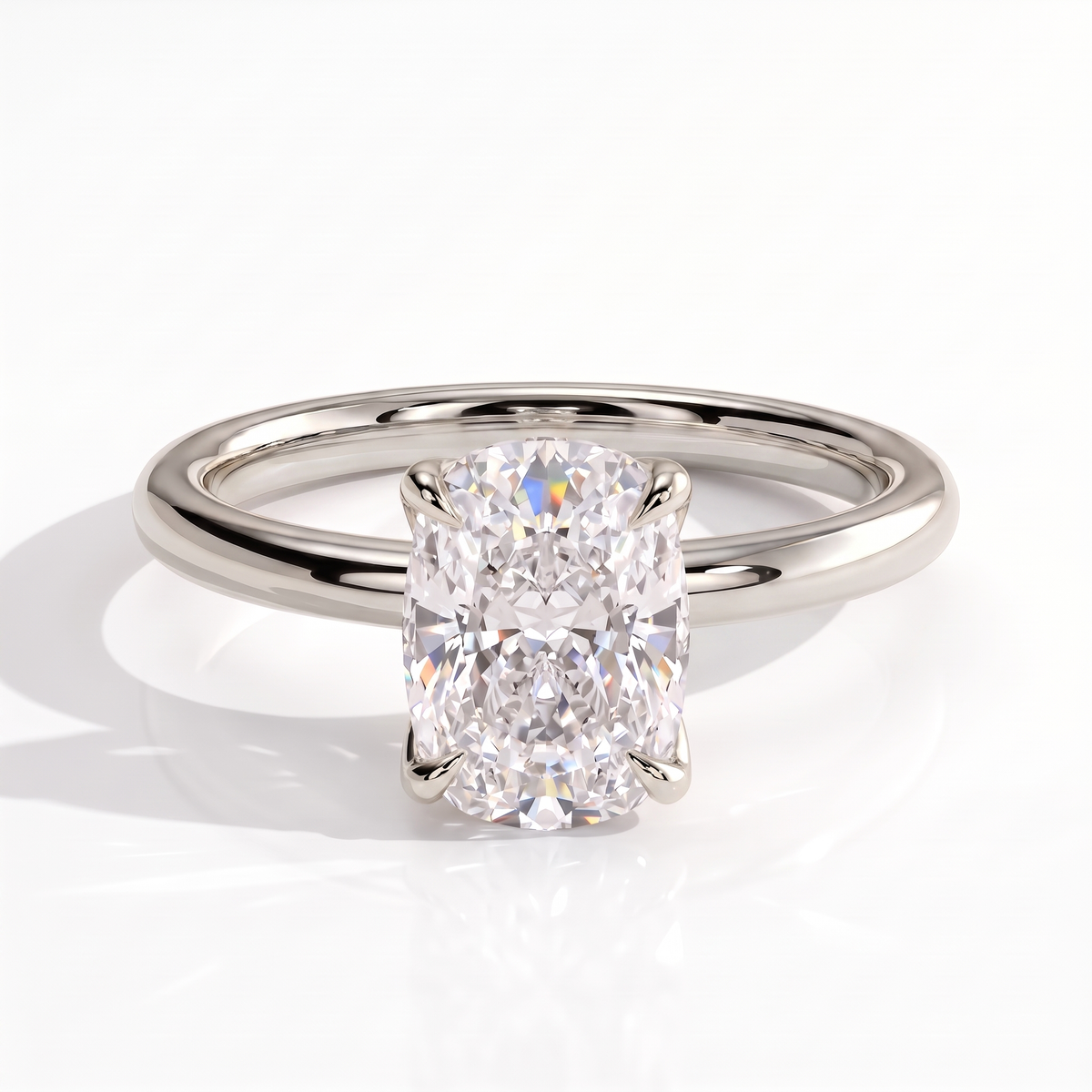 Elongated Cushion lab-grown diamond solitaire engagement ring in 18K (750) white gold, front view 
