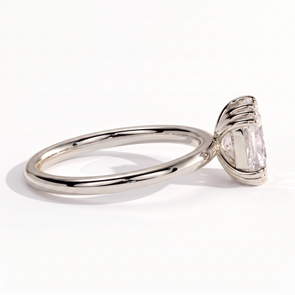 Elongated Cushion lab-grown diamond solitaire engagement ring in 18K (750) white gold, on white background 