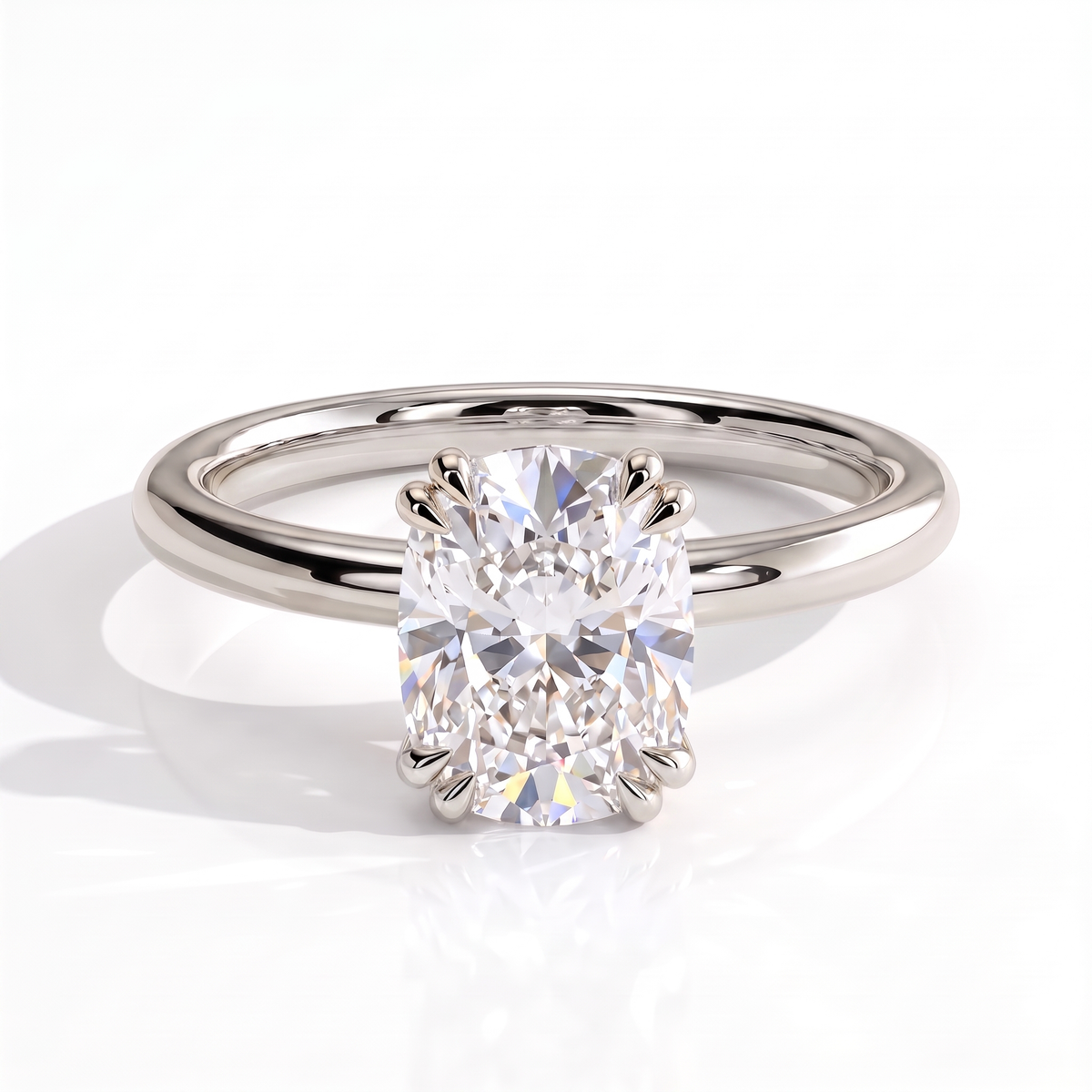 Elongated Cushion lab-grown diamond solitaire engagement ring in 14K (585) white gold, front view 