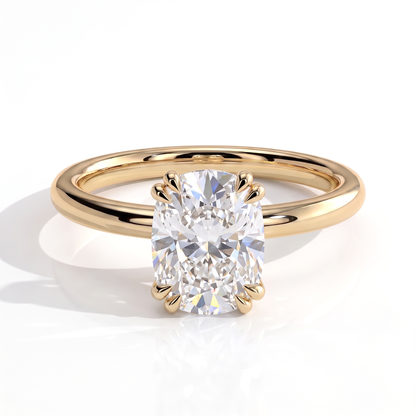 Elongated Cushion lab-grown diamond solitaire engagement ring in 14K (585) yellow gold, front view 