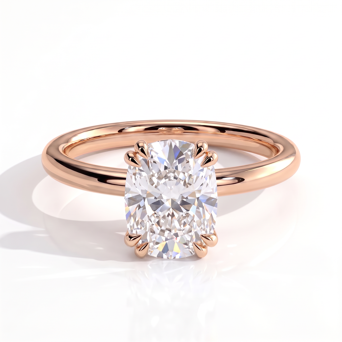 Elongated Cushion lab-grown diamond solitaire engagement ring in 18K (750) rose gold, front view 