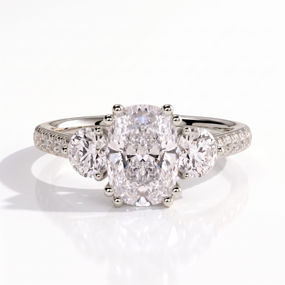 Elongated Cushion lab-grown diamond three-stone engagement ring in 14K (585) white gold, front view 