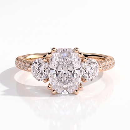 Elongated Cushion lab-grown diamond three-stone engagement ring in 18K (750) rose gold, front view 