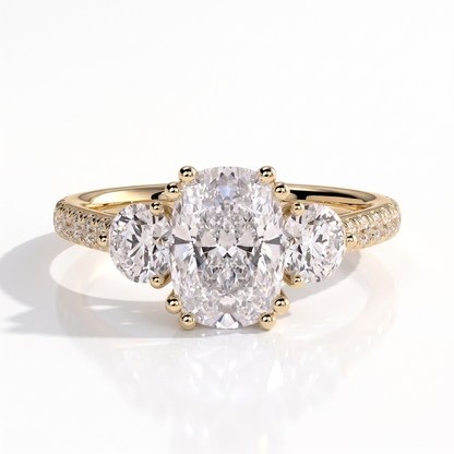 Elongated Cushion lab-grown diamond three-stone engagement ring in 18K (750) yellow gold, front view 