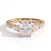 Elongated Cushion lab-grown diamond three-stone engagement ring in 14K (585) yellow gold, front view 