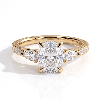 Elongated Cushion lab-grown diamond three-stone engagement ring in 14K (585) yellow gold, front view 
