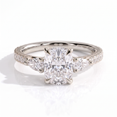 Elongated Cushion lab-grown diamond three-stone engagement ring in 14K (585) white gold, front view 