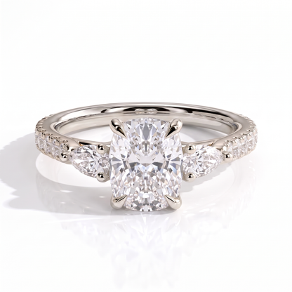 Elongated Cushion lab-grown diamond three-stone engagement ring in 14K (585) white gold, front view 
