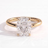 Elongated Cushion lab-grown diamond halo engagement ring in 18K (750) yellow gold, front view 
